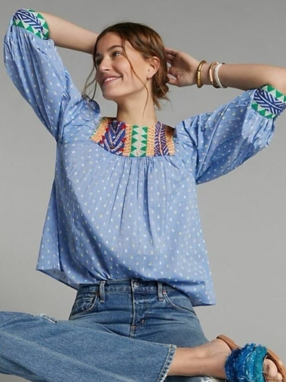 Verb Anthropologie Singhee Rhapsody Embroidered Pin Tuck Blur Blouse size XS
